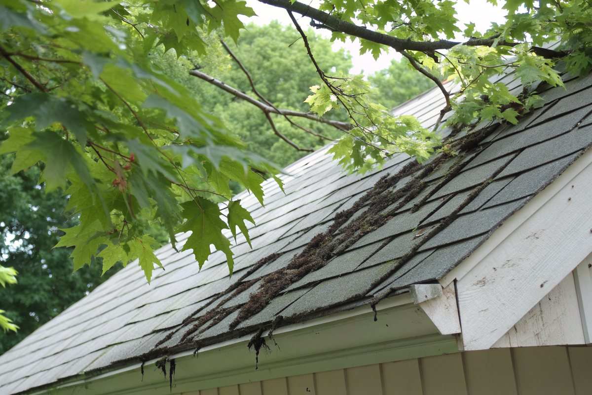 An older gray shingle roof with dark streaks under maple branches