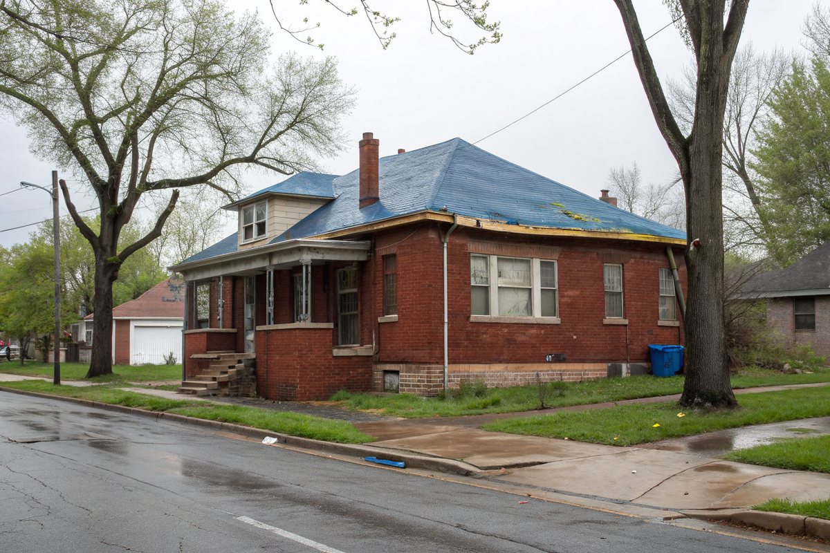 A 1920s brick bungalow with a blue tarp over part of its roof after a storm, on a wet street with tall trees