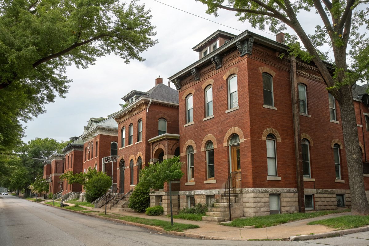 Two-story brick row houses with flat roofs behind corbeled brick parapets, front stoops and street trees