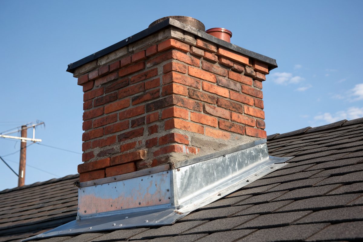 New metal flashing where an old red brick chimney meets a dark shingle roof