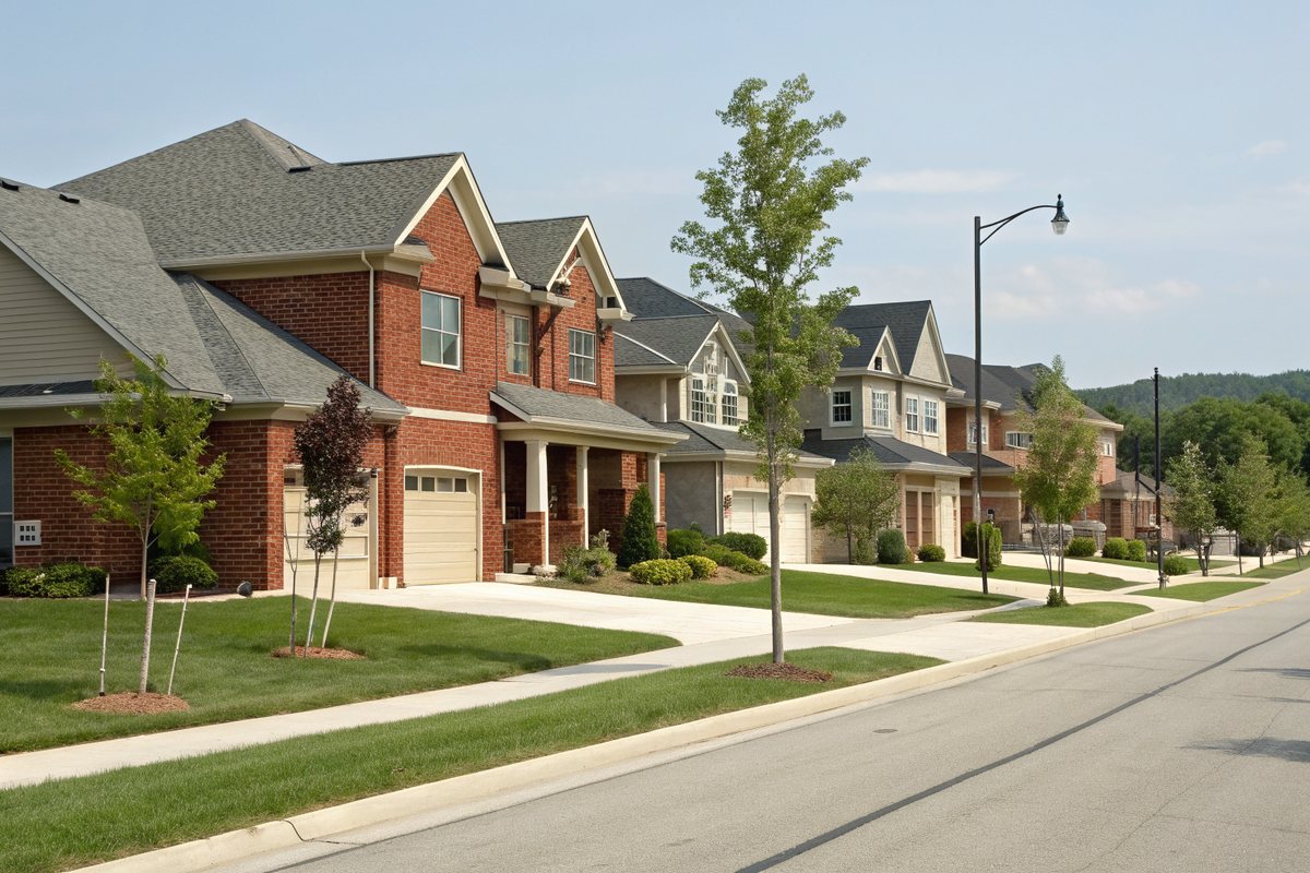 A newer suburban street of brick-front two-story homes with gray shingle roofs and young staked trees