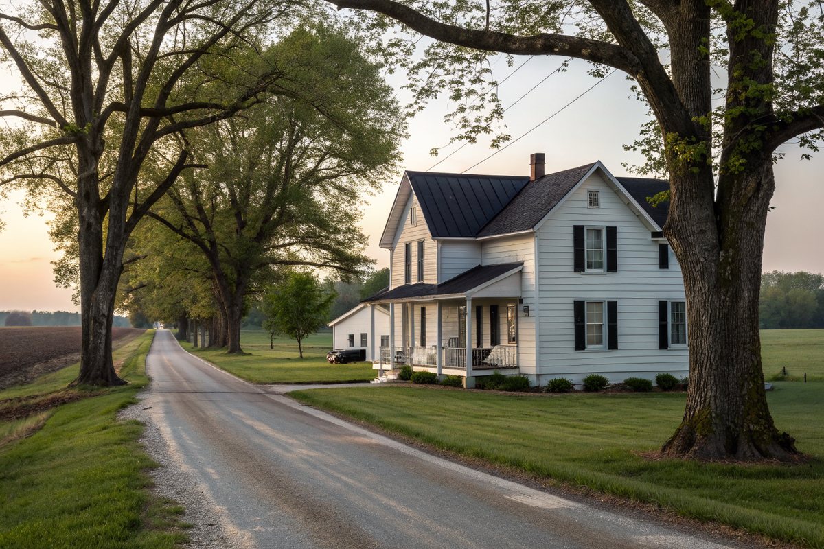A white clapboard house with a dark standing-seam metal roof on a quiet tree-lined lane in the evening