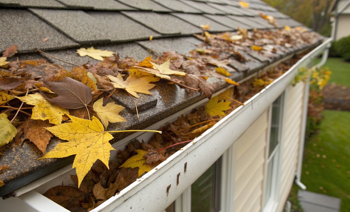 A white gutter packed with maple leaves and winged seeds along a roof edge