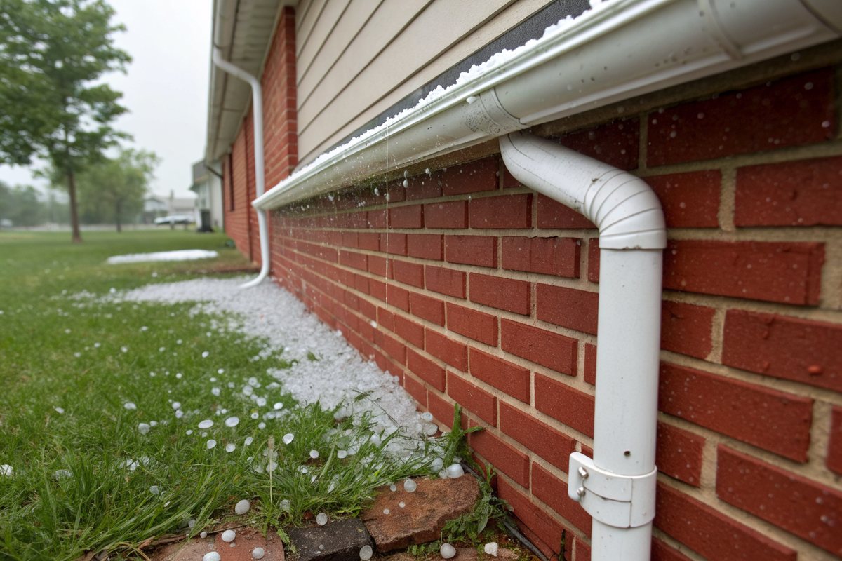 A dented white aluminum gutter and downspout on a red brick wall, with hailstones in the grass below