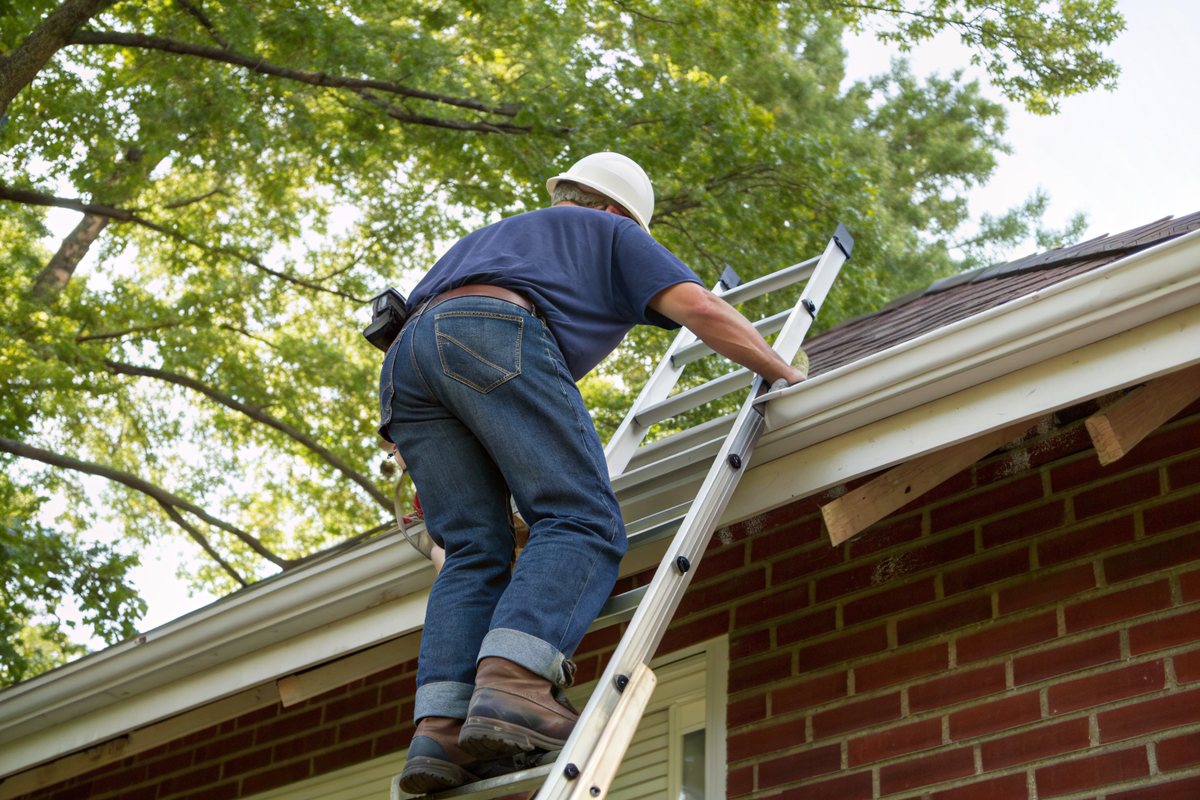 A man in a white hard hat on an aluminum ladder at the eave of a brick bungalow, seen from behind