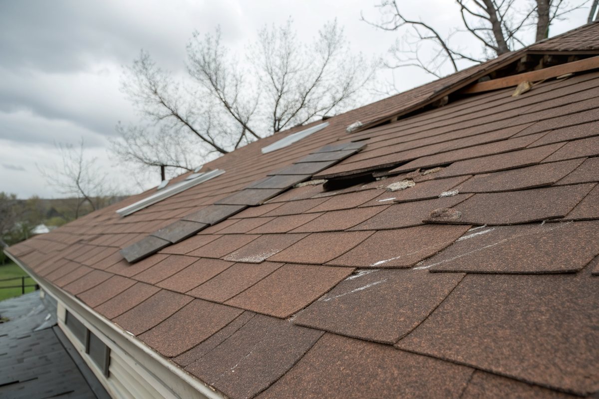 Brown three-tab shingles lifted and creased by strong wind