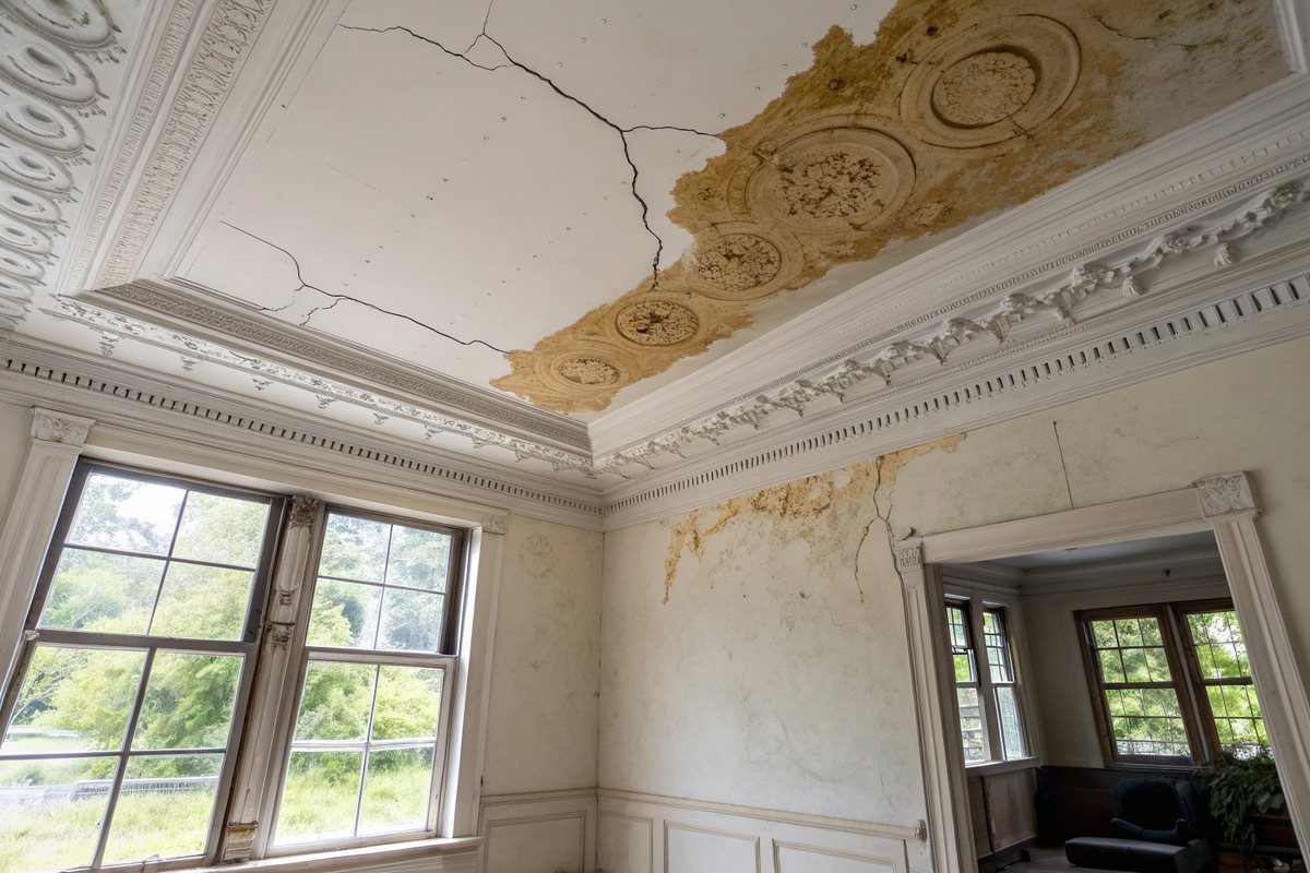 A brown water stain and hairline cracks on an old plaster ceiling below crown molding