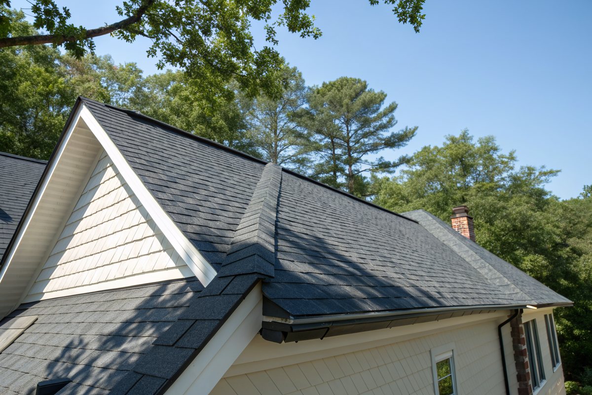New charcoal architectural shingles with ridge caps along the ridge and hip under a blue sky