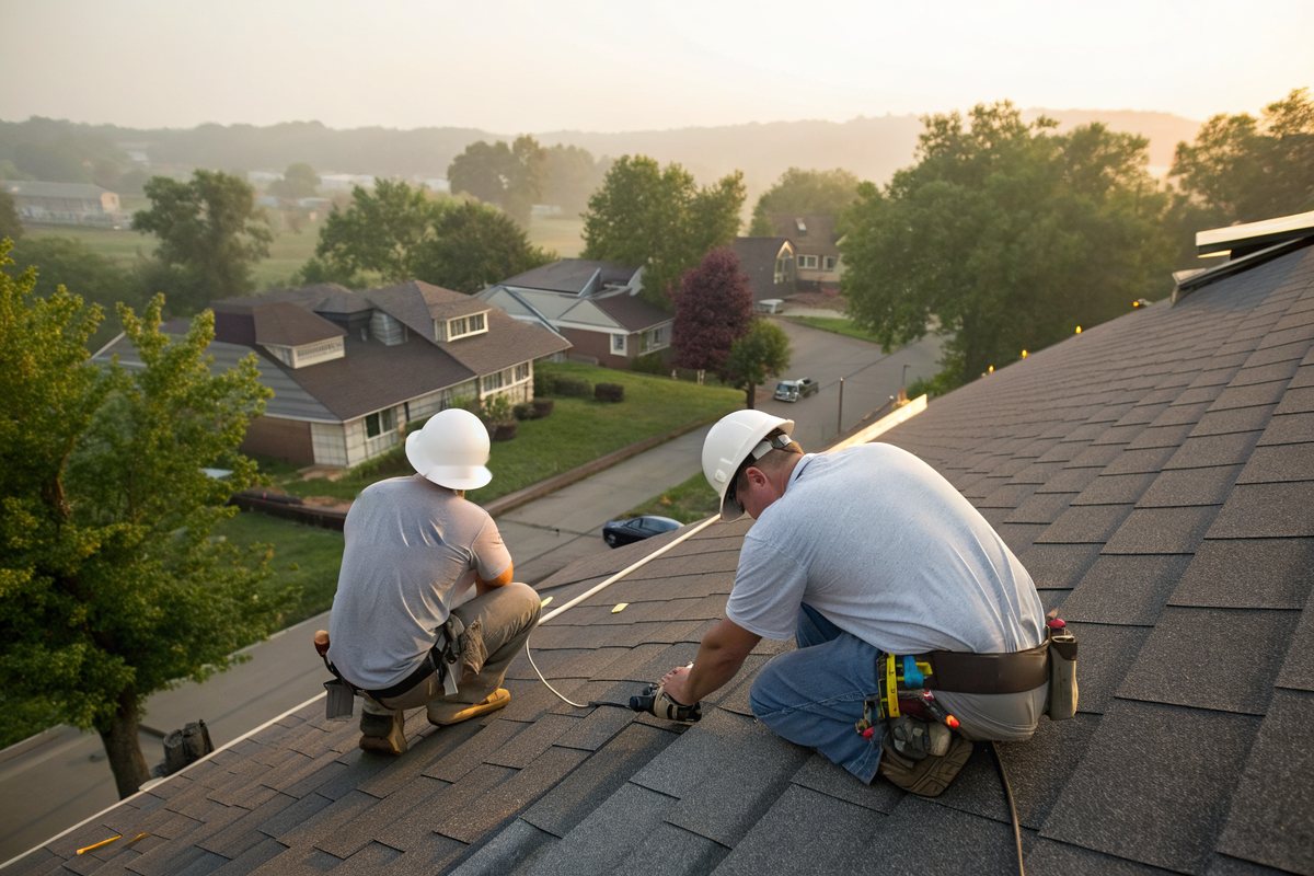 Two roofers seen from behind using nail guns on gray shingles on a hazy summer morning over a brick neighborhood