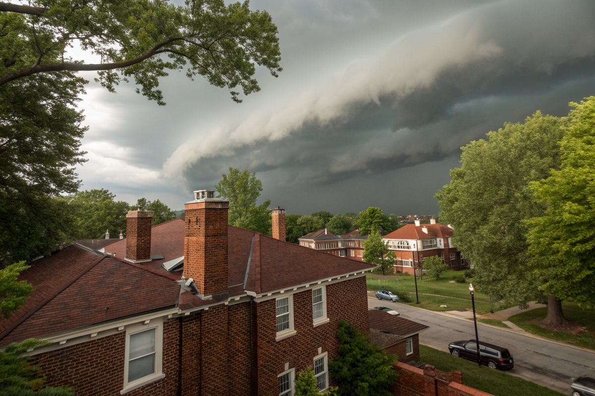 A dark shelf cloud moving over brick rooftops, chimneys and leafy trees