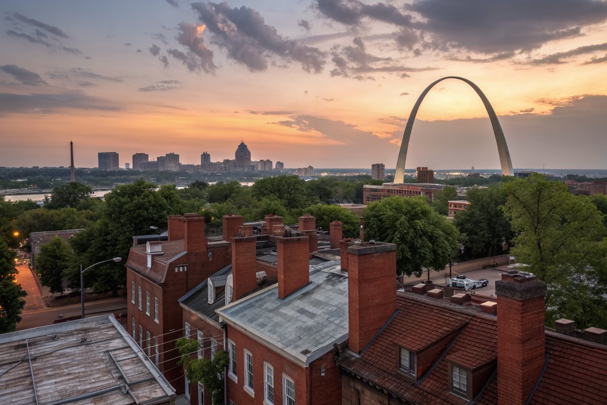 Old brick rooftops and chimneys at dusk with a distant city skyline and a stainless steel arch