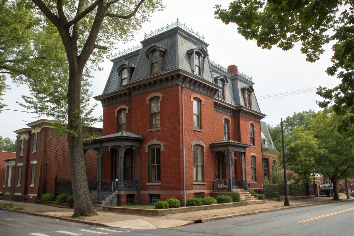 A brick Second Empire house with a gray patterned slate mansard roof, dormers and iron cresting