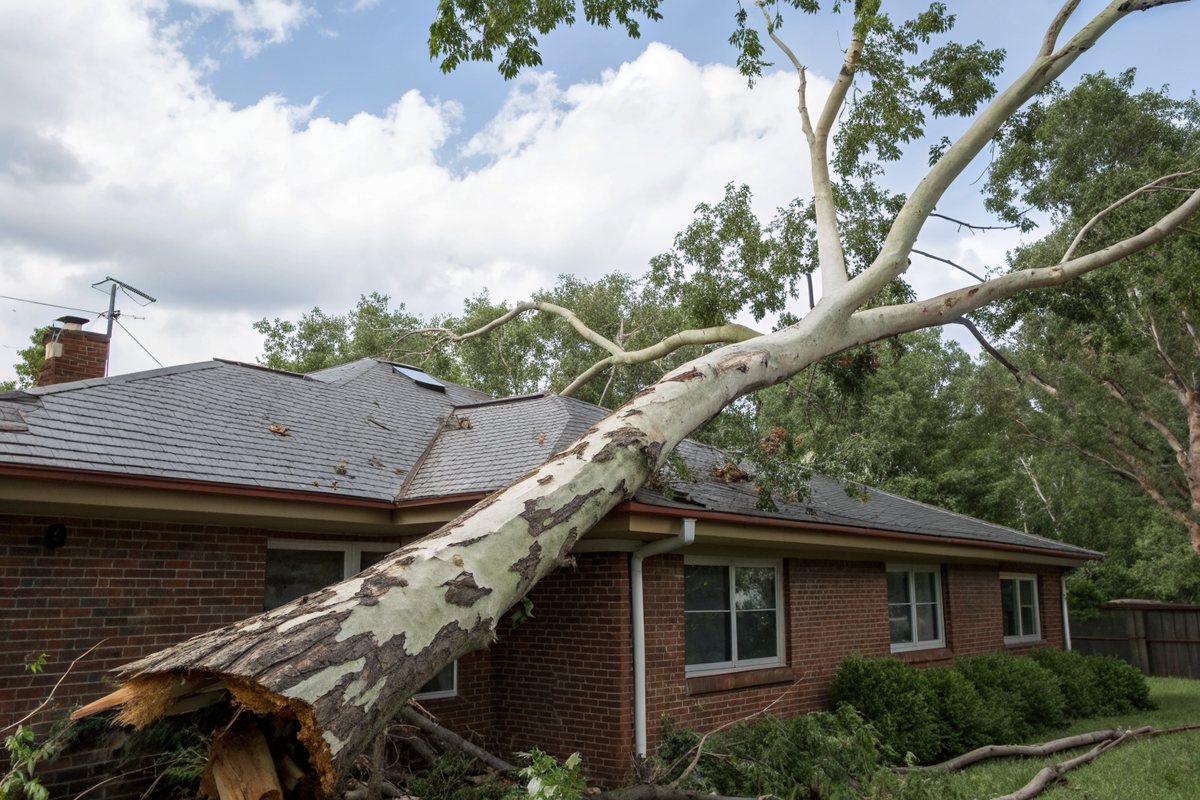 A large mottled sycamore limb lying across the shingle roof of a brick ranch house after a storm