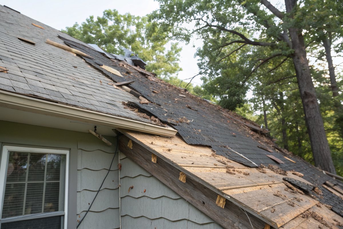 A tear-off in progress, with old shingles stripped back to plank board sheathing and debris on the roof