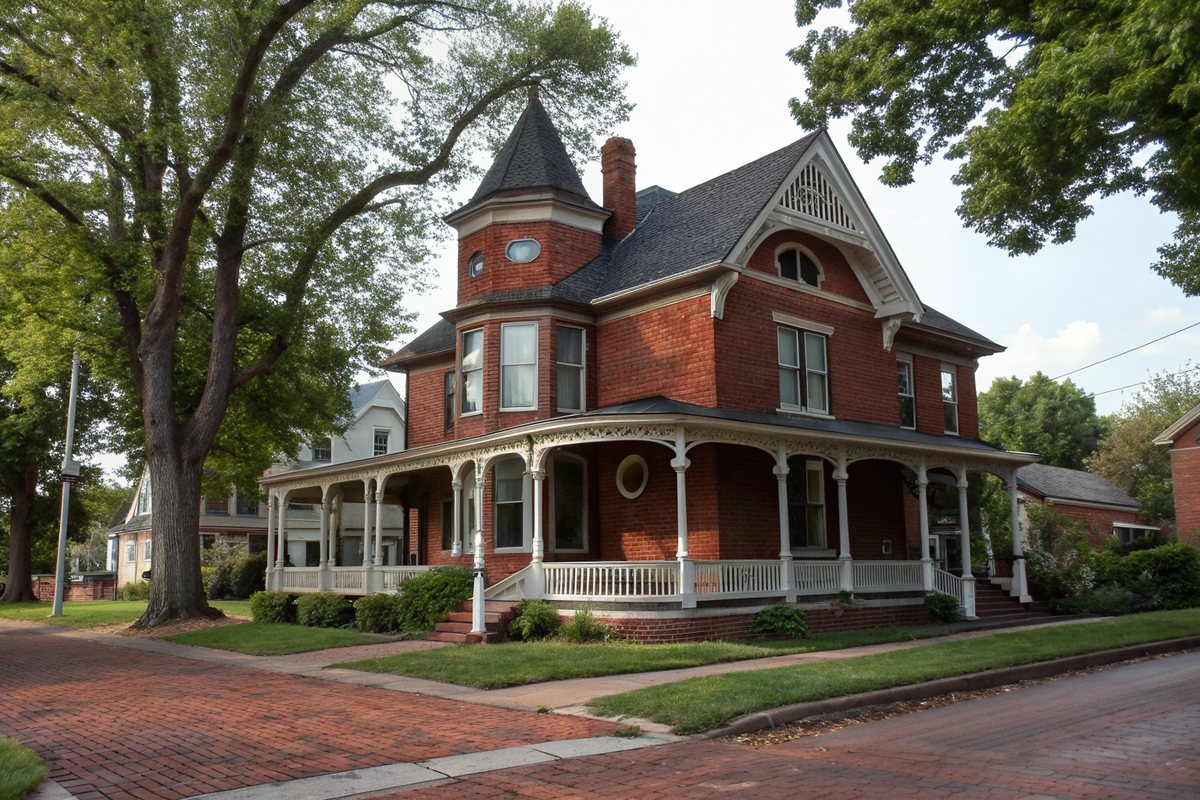 A restored brick Queen Anne house with a turret and a deep wraparound porch on a brick-paved, tree-lined street